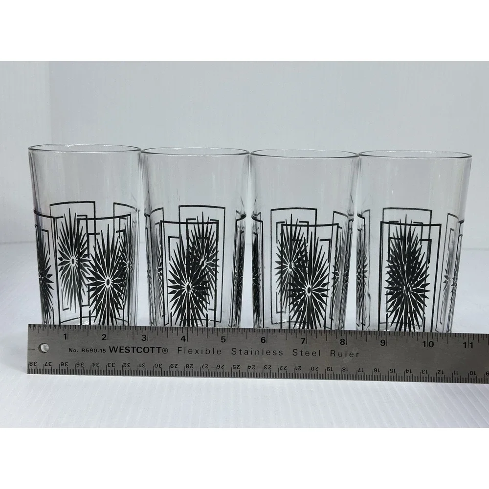 4 Vintage Atomic Mid Century Modern‎ Black Starburst Drinking Glass Tumbler